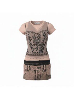 Dior Short Sleeve Top Galliano Era Trompe Rouille Print Lace Corset Pale Orange